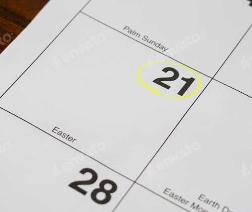 Preview: 21 on a calendar circled with a yellow highlighter, Easter