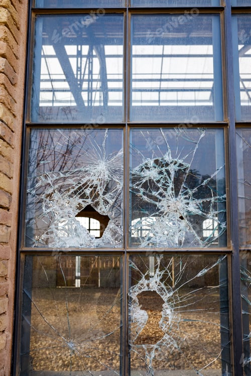 Preview: Window with a broken glass in a disused old factory.