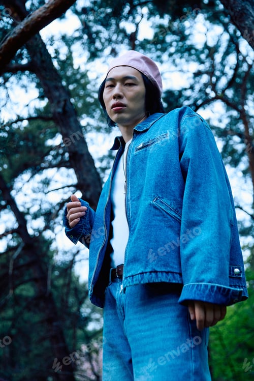 Preview: Stylish young man in denim outfit enjoying nature in a serene park setting