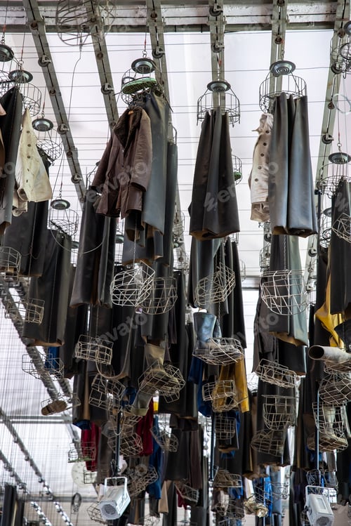 Preview: Scenic bottom view old abandoned coal mine worker clothing dressing room hanged at ceiling with
