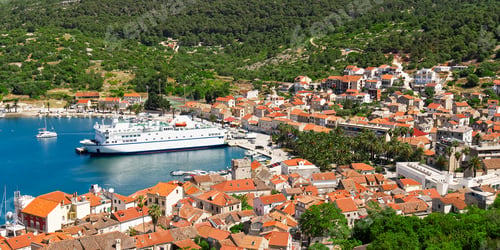 Preview: Island of Vis bay aerial view, Croatia. Europe paradice Vis Island in bay of adriatic sea.