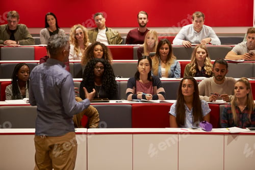 Preview: Back view of man presenting to students at a lecture theatre
