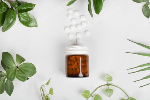 Preview: Herbal pills in glass bottle and green plant leaves around bottle on white background.