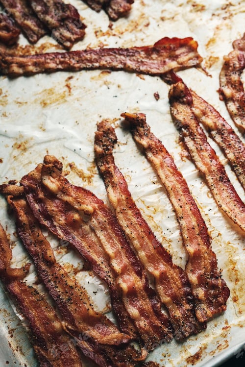 Preview: Cooked crispy bacon strips on a baking tray.