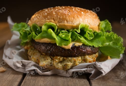 Preview: rustic hamburger with cheese and lettuce