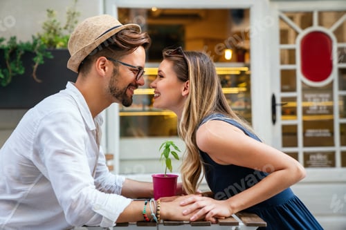 Preview: Portrait of happy couple having date and fun on vacation. People travel happiness concept