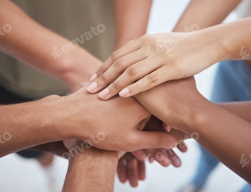 Preview: Hands, training and business people collaboration in support of team building, idea and mission. Ha