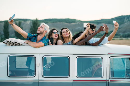 Preview: Friends taking selfie in van