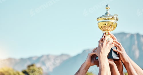 Preview: Sports, win and hands of a team with a trophy for an achievement, goal and success together. Gold,
