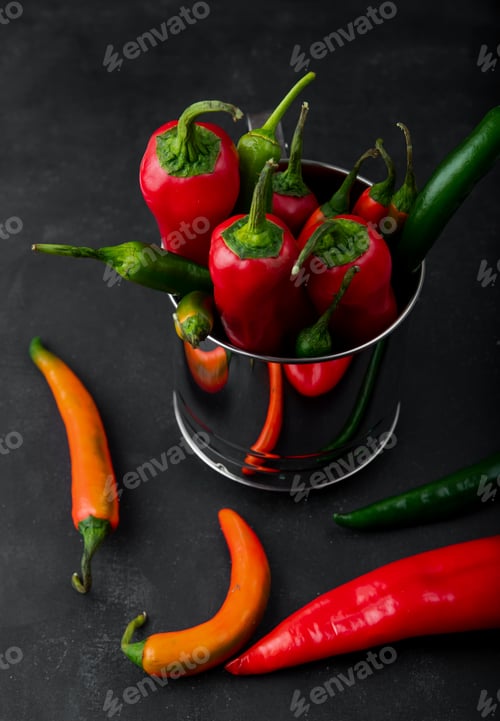 Preview: side view of pot full of peppers with other peppers around on black background