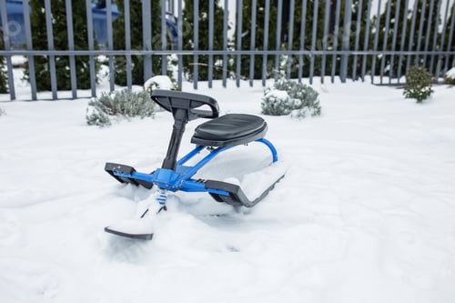 Preview: Blue sled rests in thick snow, surrounded by pine trees and shrubs