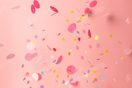 Preview: Colorful confetti on pastel pink background. Bright and festive holiday background.