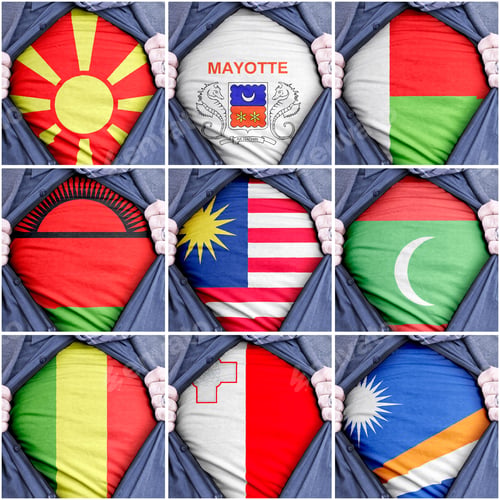 Preview: Collection of ripping shirts showing printed flags of different countries