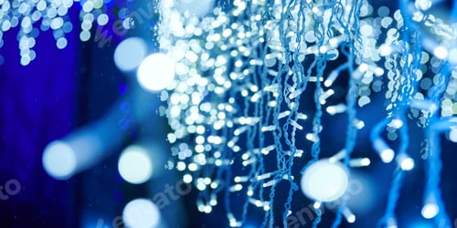 Preview: Blue lights bokeh from christmas holiday garlands, blurred festive background, abstract lights