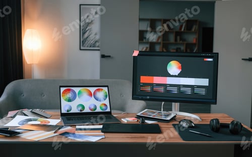 Preview: Computer, laptop, displays with designer's software. In the office