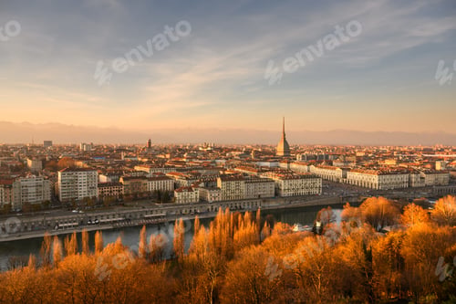 Preview: Panoramic view on the autumn city of Turin during sunset