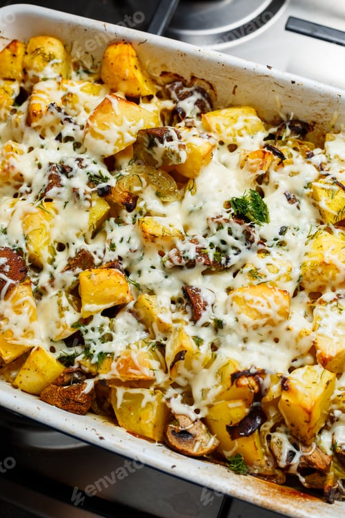 Preview: Baked potatoes with mushrooms and cheese with seasonings and herbs