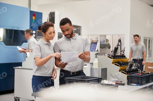 Preview: Engineer And Apprentice Meet On Floor Of Engineering Workshop