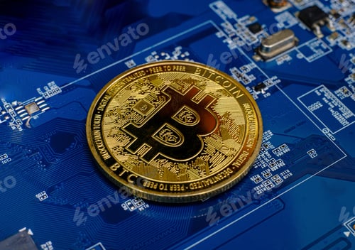 Preview: Golden bitcoin cryptocurrency new version on computer electronic circuit board background