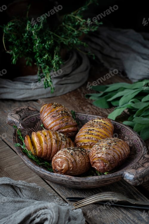 Preview: Baked potatoes in a wooden plate. Rustic style food photography