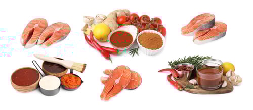 Preview: Different types of red fish marinade and salmon steaks on white background