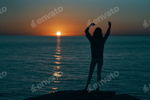 Preview: female silhouette gesturing with hands sunset sea model
