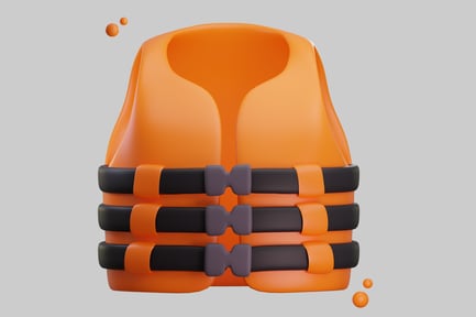 Vista previa: Chaleco salvavidas naranja con correas negras y hebillas grises.