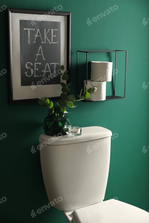 Preview: Decor elements, paper rolls and toilet bowl near green wall. Bathroom interior