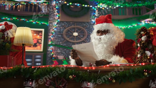 Preview: Black Santa opening envelopes with correspondence from kids