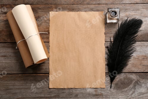 Preview: Feather pen, inkwell and blank parchment on wooden table, top view. Space for text