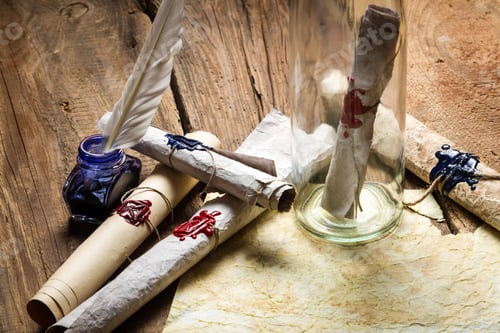 Preview: Message in bottle with a sealed message on old paper
