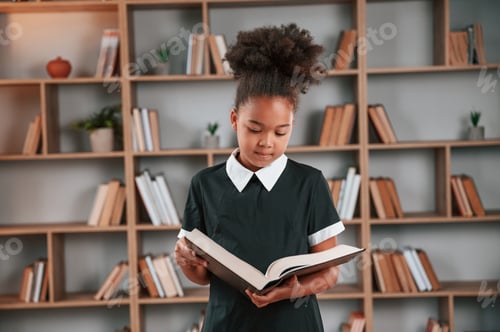 Preview: Standing and reading the book. Cute african american girl in school uniform is at home library