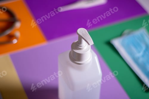 Preview: Bottle of hand sanitizer on colorful papers with a facemask and thermometer on the background