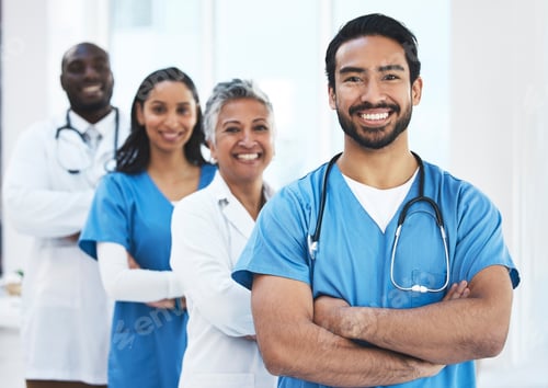 Preview: Team of doctors, proud portrait and healthcare service, leadership and happy teamwork in hospital d