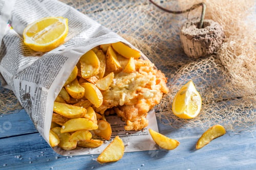 Preview: Hot fish cod with chips with lemon