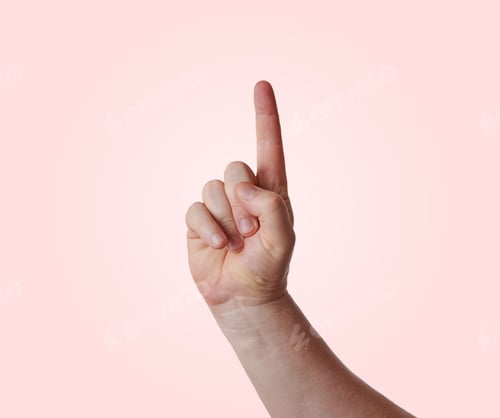 Preview: Hand pointing up with index finger on pink background