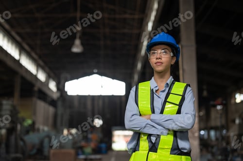 Preview: Confident African American female engineer arms crossed in heavy metal industrial factory