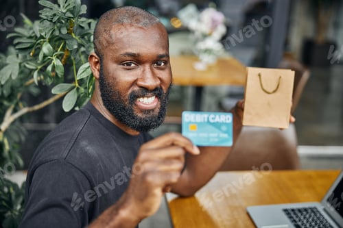 Preview: Satisfied client of the bank showing his credit card