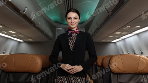 Preview: A friendly flight attendant stand confidently inside an airplane cabin.