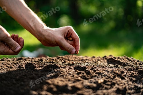 Preview: dirty farmer hand puts a plant seed in the hole in the soil