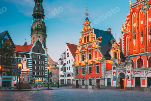 Preview: Riga, Latvia. Scenic Town Hall Square With St. Peter's Church, Schwabe House, House Of