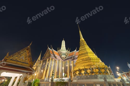 Preview: Golden pagoda at Temple of the Emerald Buddha in Bangkok, Thailand. Wat Phra Kaew and Grand palace