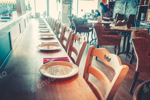 Preview: Modern simple cafe interior with wooden furniture