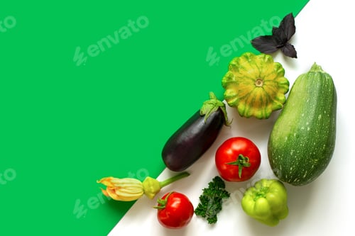 Preview: A group of vegetables is laid out diagonally. Minimalistic modern display concept. Harvest tomatoes,