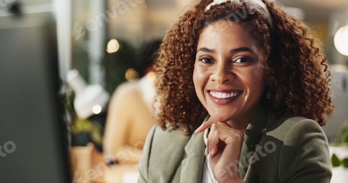 Preview: Smile, portrait and night with business woman in office for online, planning and global market advi