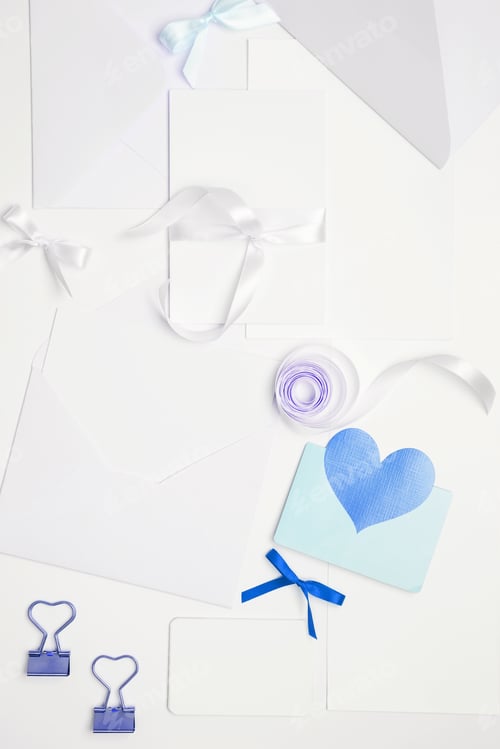 Preview: Composition with envelopes and blank cards. Invitation to celebration, handwritten response to gift