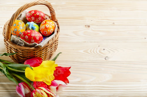 Preview: Easter eggs in wicker basket and colorful tulip flowers on woode