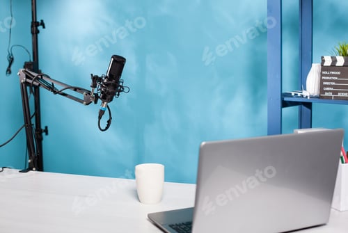 Preview: Professional microphone swivel boom arm stand in empty vlog broadcasting studio