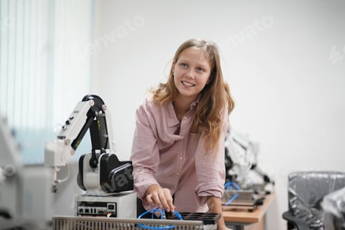 Preview: Children learning AI technology Robot with artificial intelligence system on its in science lesson