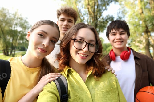 Preview: Group of teenagers taking selfie in park